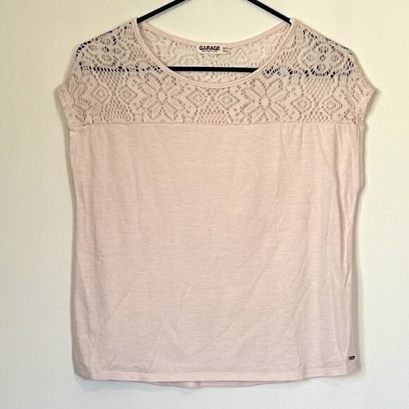 Garage Tops - Garage Lightweight Dusty Light Pink Lace Shoulder Top - Size: XS
